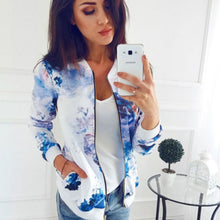 Load image into Gallery viewer, Plus Size Printed Bomber Jacket Women Pockets Zipper Long Sleeve Coat Female Flower Chiffon White Jacket Woman Spring 2019