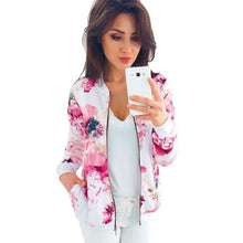 Load image into Gallery viewer, Plus Size Printed Bomber Jacket Women Pockets Zipper Long Sleeve Coat Female Flower Chiffon White Jacket Woman Spring 2019
