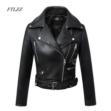 Load image into Gallery viewer, FTLZZ New Women Autumn Winter Black Faux Leather Jackets Zipper Basic Coat Turn-down Collar Motor Biker Jacket With Belt
