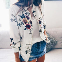 Load image into Gallery viewer, Plus Size Printed Bomber Jacket Women Pockets Zipper Long Sleeve Coat Female Flower Chiffon White Jacket Woman Spring 2019
